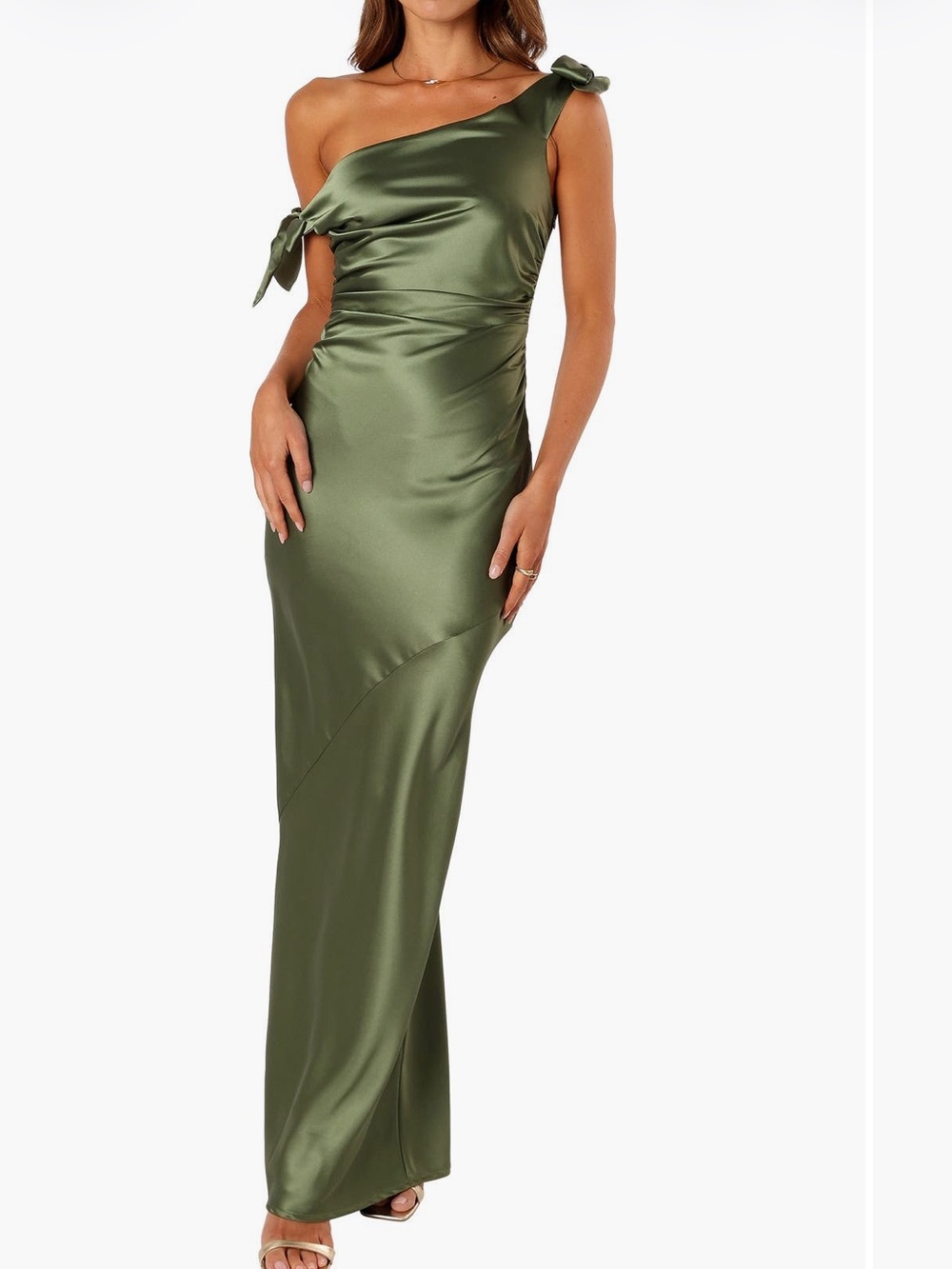 Petal & Pup Olive One-Shoulder Satin Gown with Tie Detail